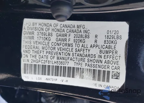 2020 Honda Civic Sport из США, поврежденный, VIN 2HGFC2F81LH536077